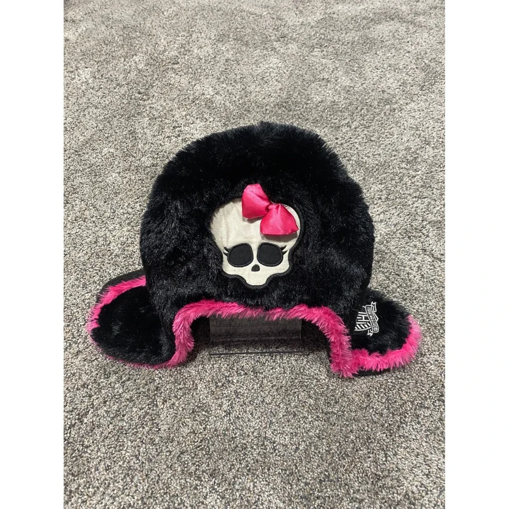 Monster High Trapper Hat Girls OS Black Excellent Faux Fur Skullette Pink Bow
